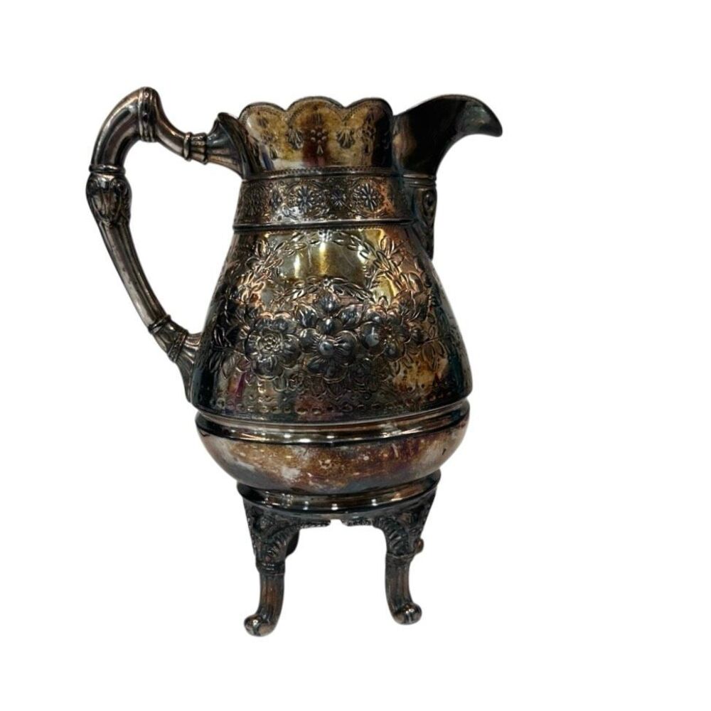 Vtg Antique Silver-plate Creamer 6" Tall Floral Etched Ornate Footed With Handle